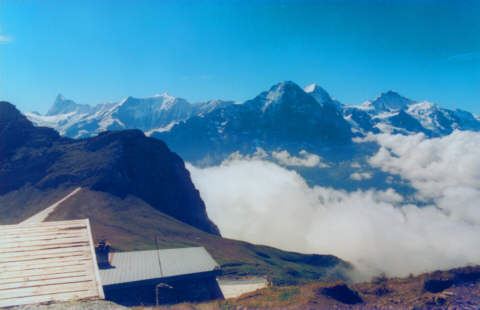 Von rechts nach links: Jungfrau, Mnch, Eiger, Gro-Fiescherhorn, Hinter-Fiescherhorn, Finsteraarhorn